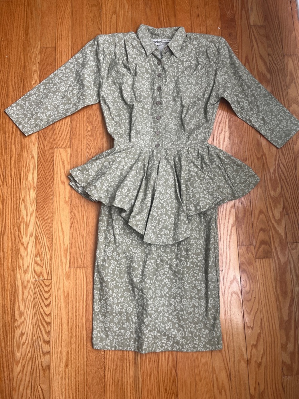NWT Vintage 90’s Starina Cotton Sage Floral Peplum Dress Medium
